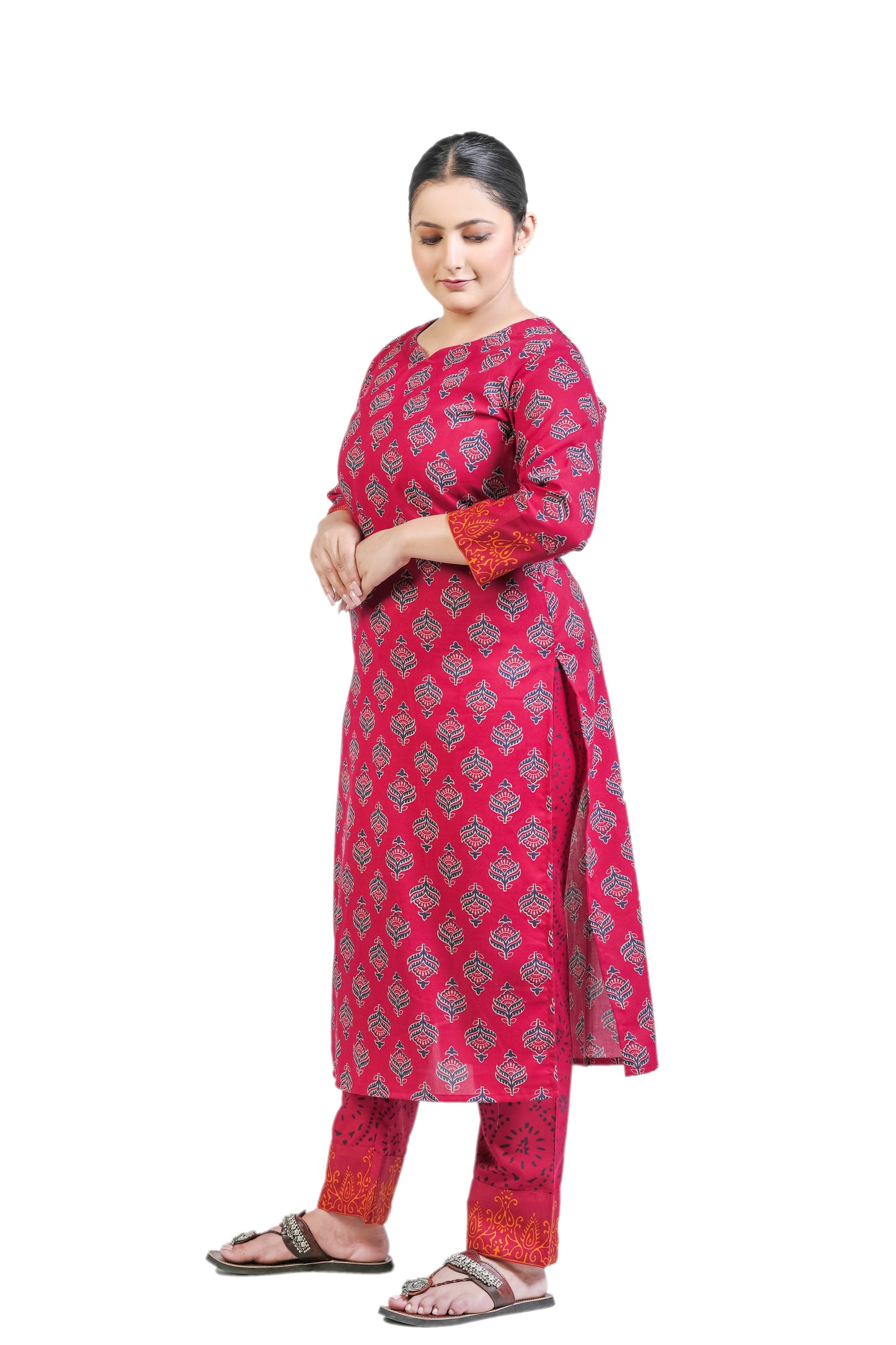 Tatav by Sri Cherry Temple Theme Rayon Block Print Suit Set