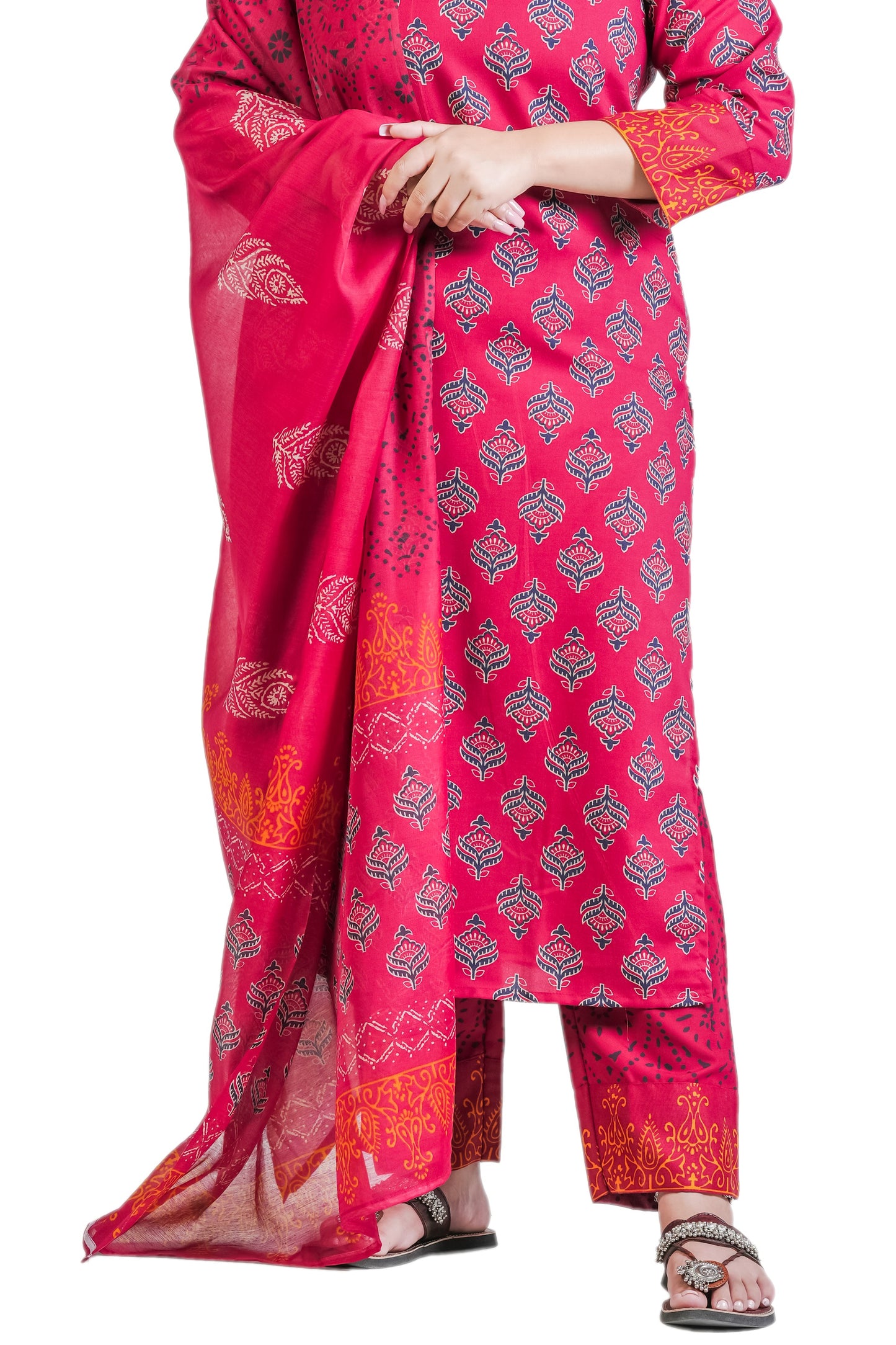 Tatav by Sri Cherry Temple Theme Rayon Block Print Suit Set